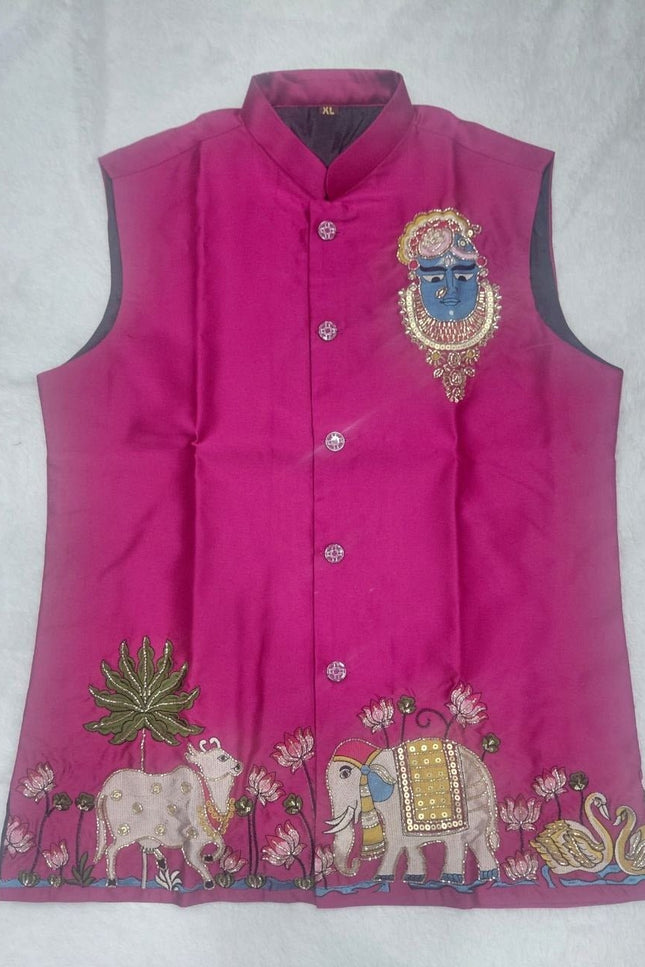 Men's Malai Satin Koti Kurta Pyjama Set | Designer Handwork | Wedding & Reception Wear - Rosepetals Luxe