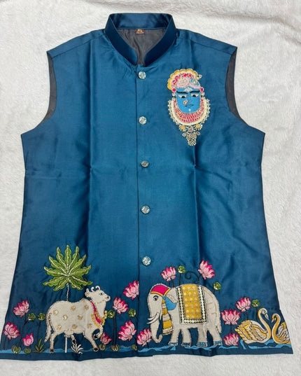Men's Malai Satin Koti Kurta Pyjama Set | Designer Handwork | Wedding & Reception Wear - Rosepetals Luxe