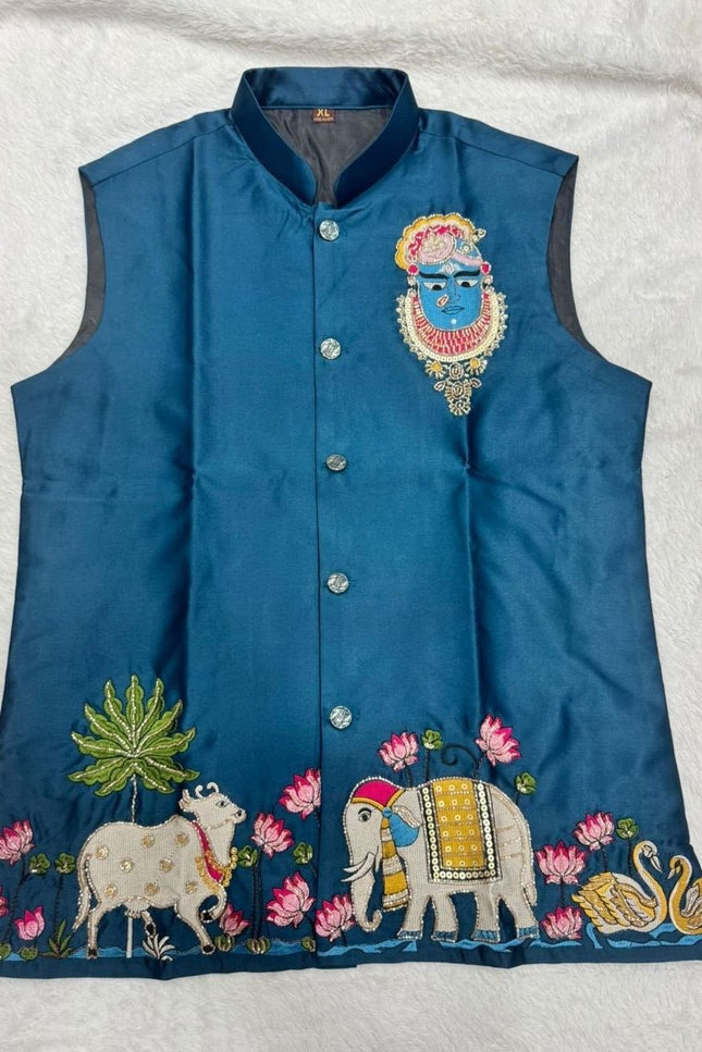 Men's Malai Satin Koti Kurta Pyjama Set | Designer Handwork | Wedding & Reception Wear - Rosepetals Luxe