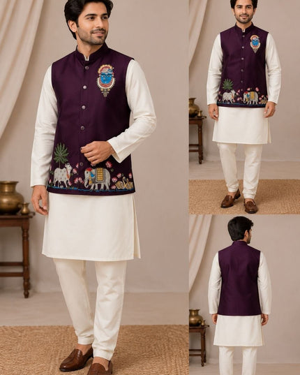 Men's Malai Satin Koti Kurta Pyjama Set | Designer Handwork | Wedding & Reception Wear - Rosepetals Luxe
