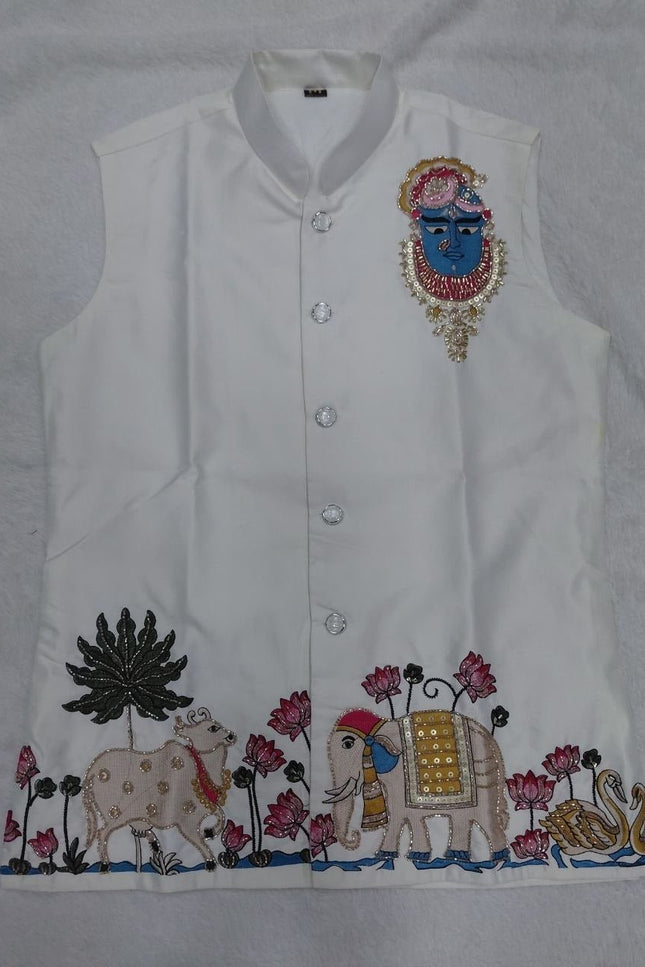 Men's Malai Satin Koti Kurta Pyjama Set | Designer Handwork | Wedding & Reception Wear - Rosepetals Luxe