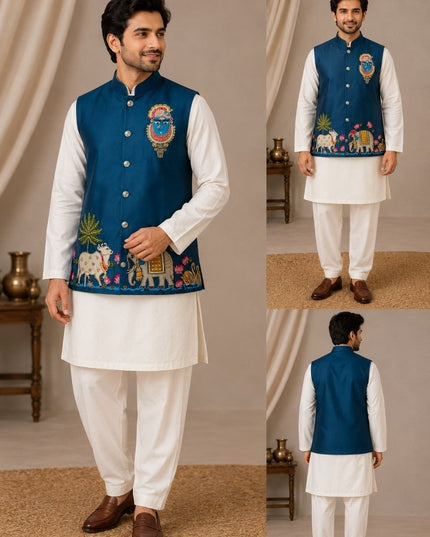 Men's Malai Satin Koti Kurta Pyjama Set | Designer Handwork | Wedding & Reception Wear - Rosepetals Luxe