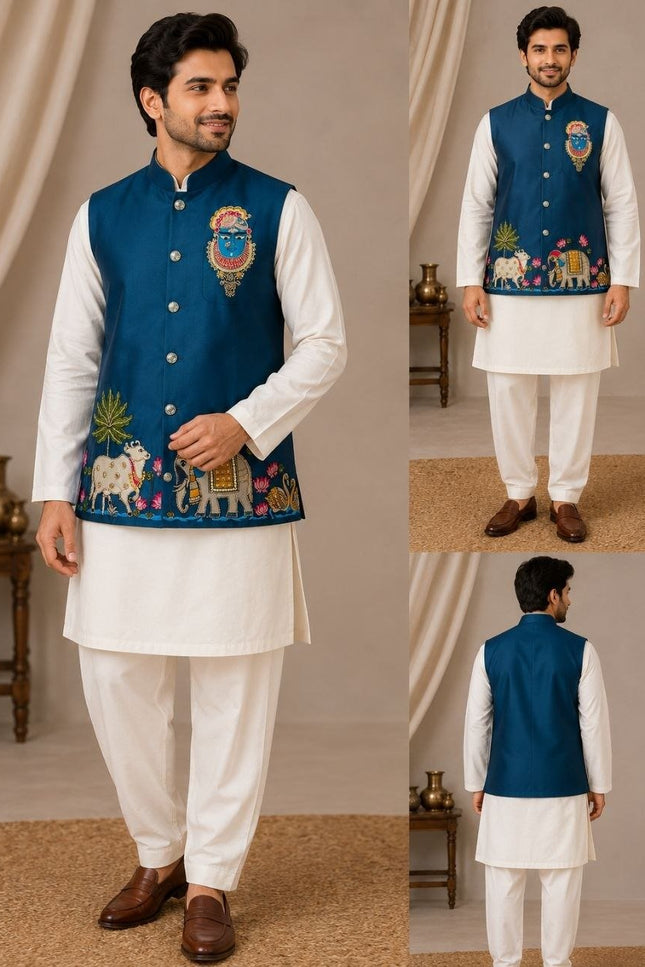 Men's Malai Satin Koti Kurta Pyjama Set | Designer Handwork | Wedding & Reception Wear - Rosepetals Luxe