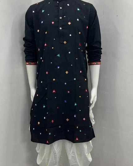 Men's Navratri Embroidered Mirror Work Flex Cotton Kurta Dhoti Set – Garba & Dandiya Festive Wear - Rosepetals Luxe