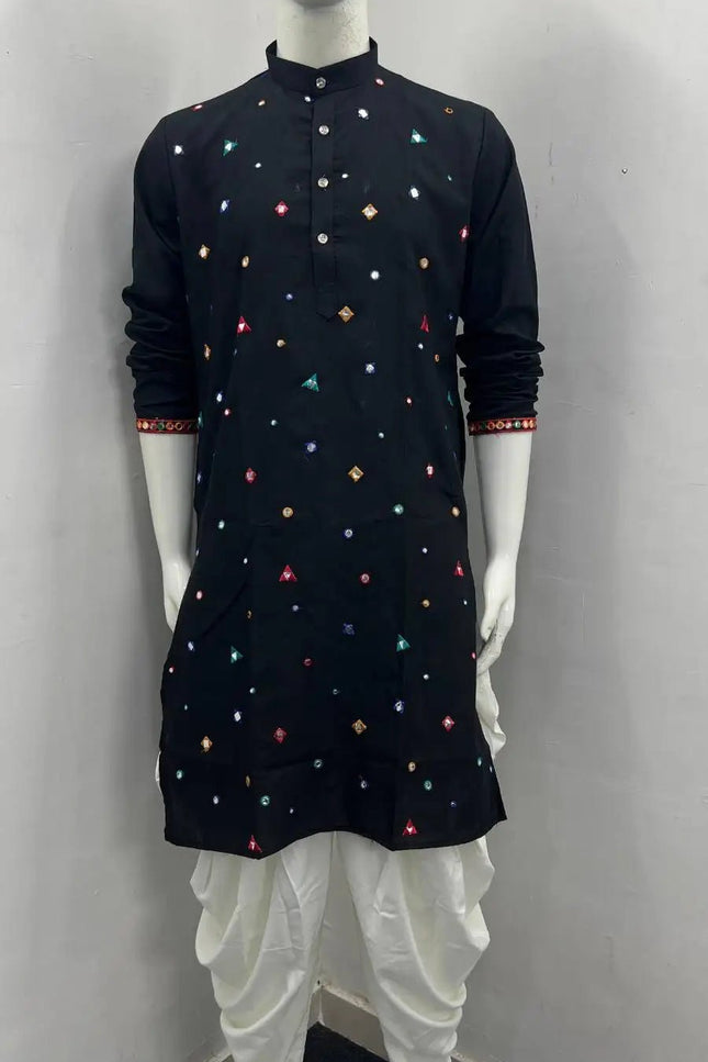 Men's Navratri Embroidered Mirror Work Flex Cotton Kurta Dhoti Set – Garba & Dandiya Festive Wear - Rosepetals Luxe