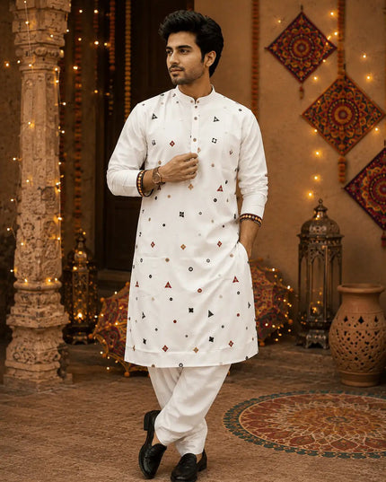 Men's Navratri Embroidered Mirror Work Flex Cotton Kurta Dhoti Set – Garba & Dandiya Festive Wear - Rosepetals Luxe