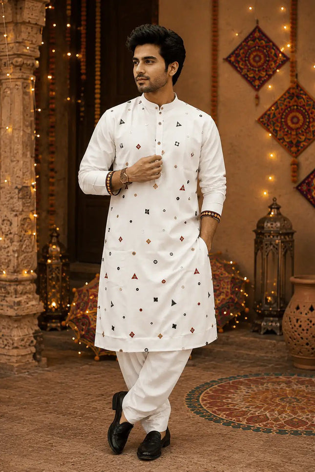 Men's Navratri Embroidered Mirror Work Flex Cotton Kurta Dhoti Set – Garba & Dandiya Festive Wear - Rosepetals Luxe