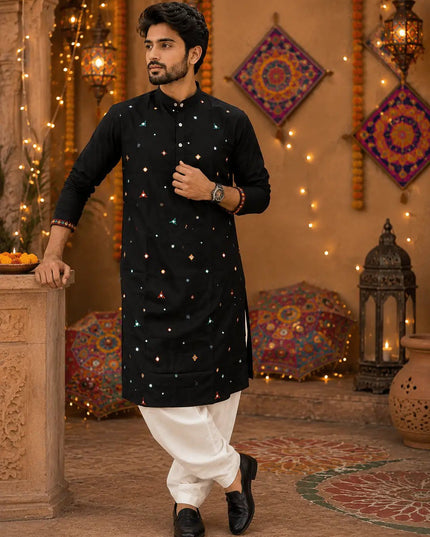 Men's Navratri Embroidered Mirror Work Flex Cotton Kurta Dhoti Set – Garba & Dandiya Festive Wear - Rosepetals Luxe