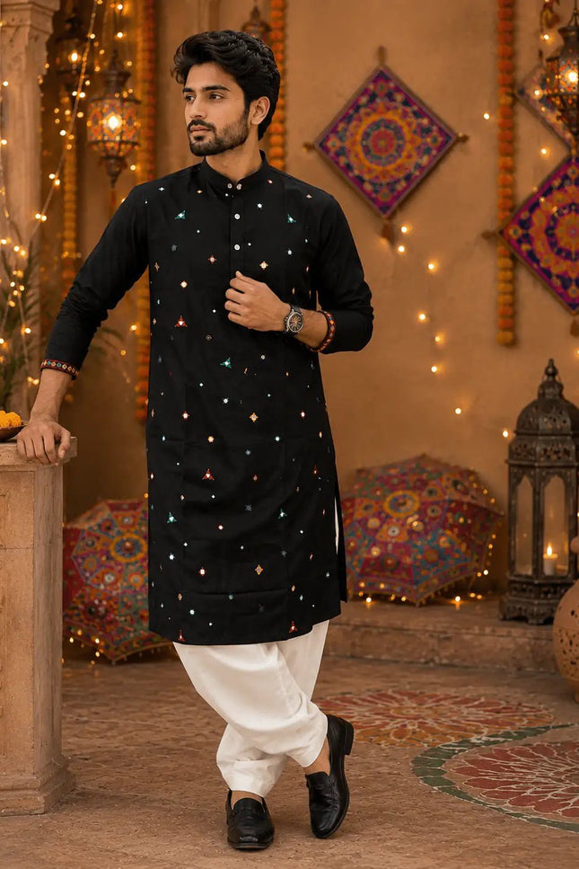 Men's Navratri Embroidered Mirror Work Flex Cotton Kurta Dhoti Set – Garba & Dandiya Festive Wear - Rosepetals Luxe