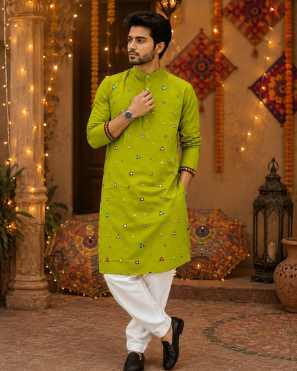 Men's Navratri Embroidered Mirror Work Flex Cotton Kurta Dhoti Set – Garba & Dandiya Festive Wear - Rosepetals Luxe