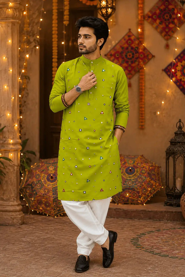 Men's Navratri Embroidered Mirror Work Flex Cotton Kurta Dhoti Set – Garba & Dandiya Festive Wear - Rosepetals Luxe