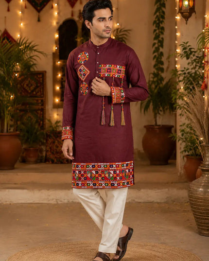 Men’s Navratri Magic Cotton Kurta with Gamthi Work and Real Mirror Detailing | Designer Traditional Festive Kurta - Rosepetals Luxe