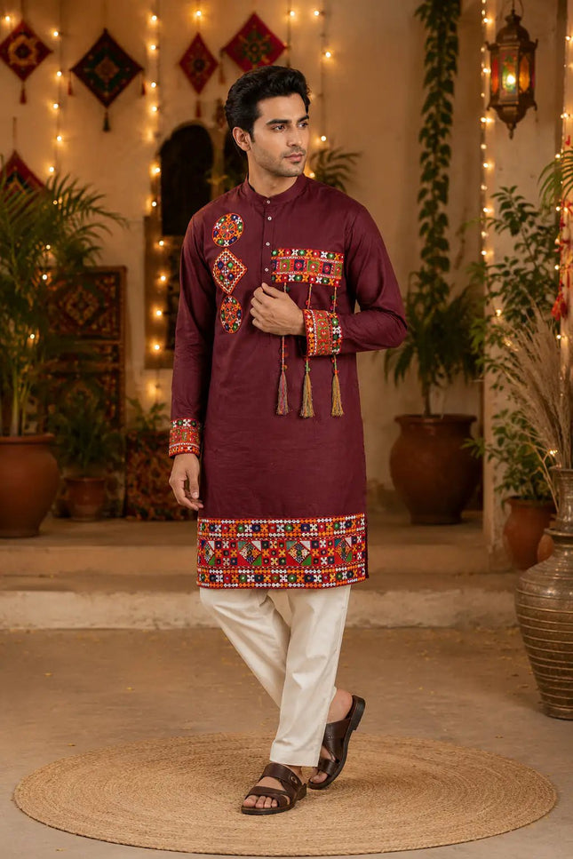 Men’s Navratri Magic Cotton Kurta with Gamthi Work and Real Mirror Detailing | Designer Traditional Festive Kurta - Rosepetals Luxe