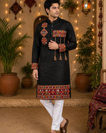 Men’s Navratri Magic Cotton Kurta with Gamthi Work and Real Mirror Detailing | Designer Traditional Festive Kurta - Rosepetals Luxe