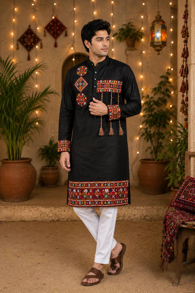 Men’s Navratri Magic Cotton Kurta with Gamthi Work and Real Mirror Detailing | Designer Traditional Festive Kurta - Rosepetals Luxe