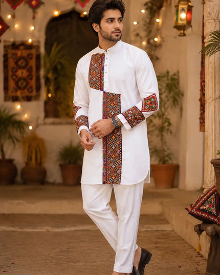 Men’s Navratri Magic Cotton Kurta with Gamthi Work and Real Mirror Detailing | Designer Traditional Festive Kurta - Rosepetals Luxe