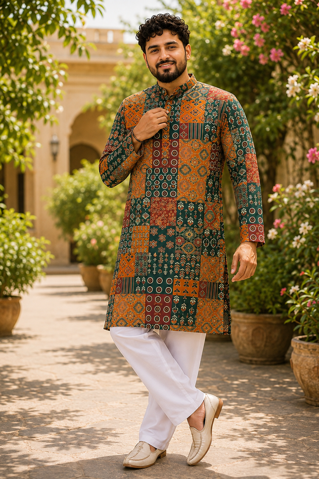 Men's Printed Cotton Kurta Pyjama Set | 5 Designs | Festive Ethnic Wear - Rosepetals Luxe