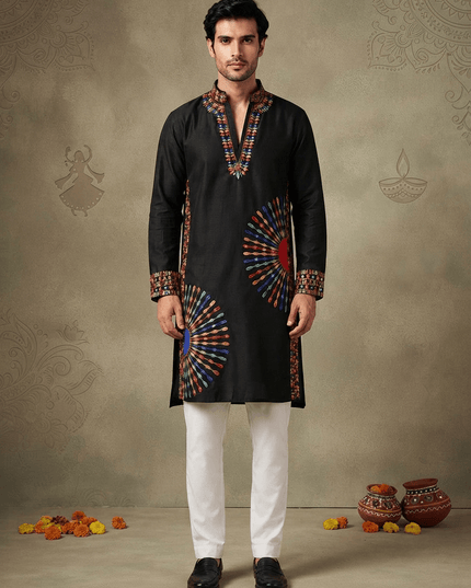 Men’s Roman Silk Embroidered Mirror-Work Kurta - Rosepetals Luxe
