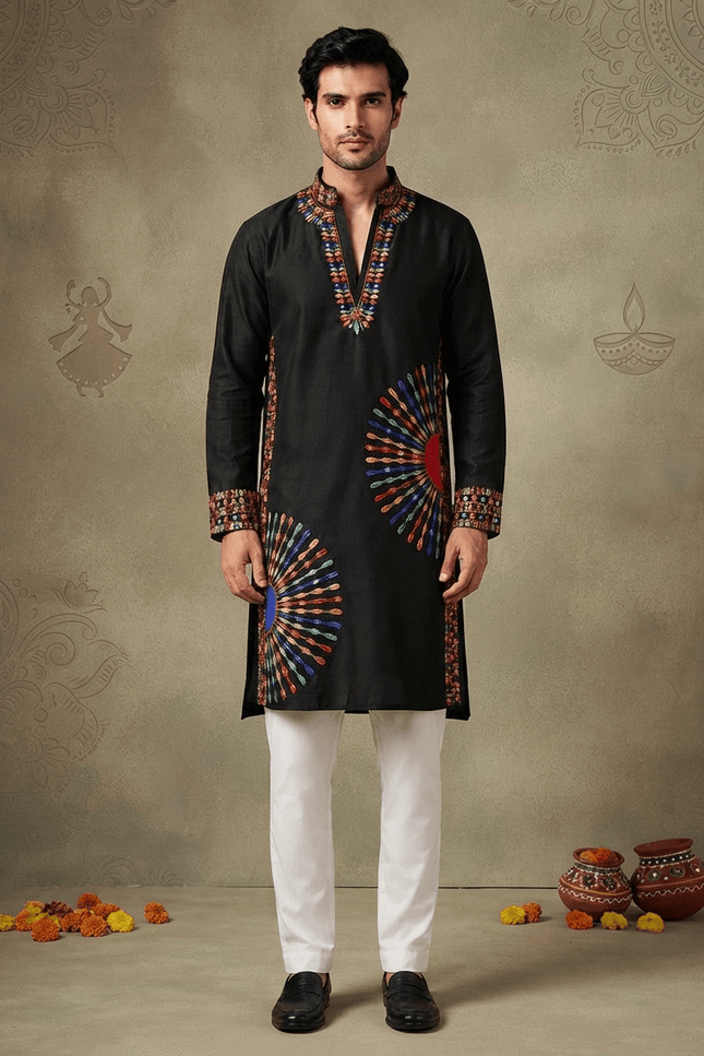 Men’s Roman Silk Embroidered Mirror-Work Kurta - Rosepetals Luxe