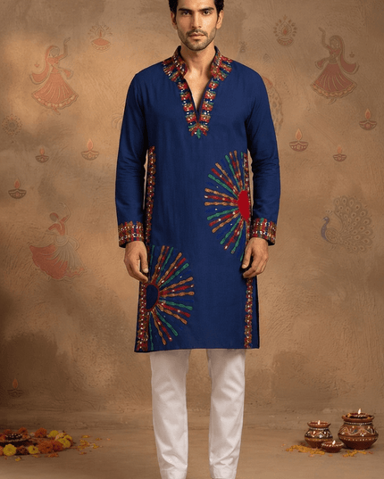 Men’s Roman Silk Embroidered Mirror-Work Kurta - Rosepetals Luxe