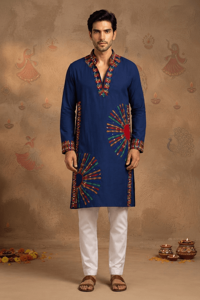 Men’s Roman Silk Embroidered Mirror-Work Kurta - Rosepetals Luxe