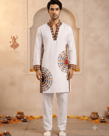 Men’s Roman Silk Embroidered Mirror-Work Kurta - Rosepetals Luxe
