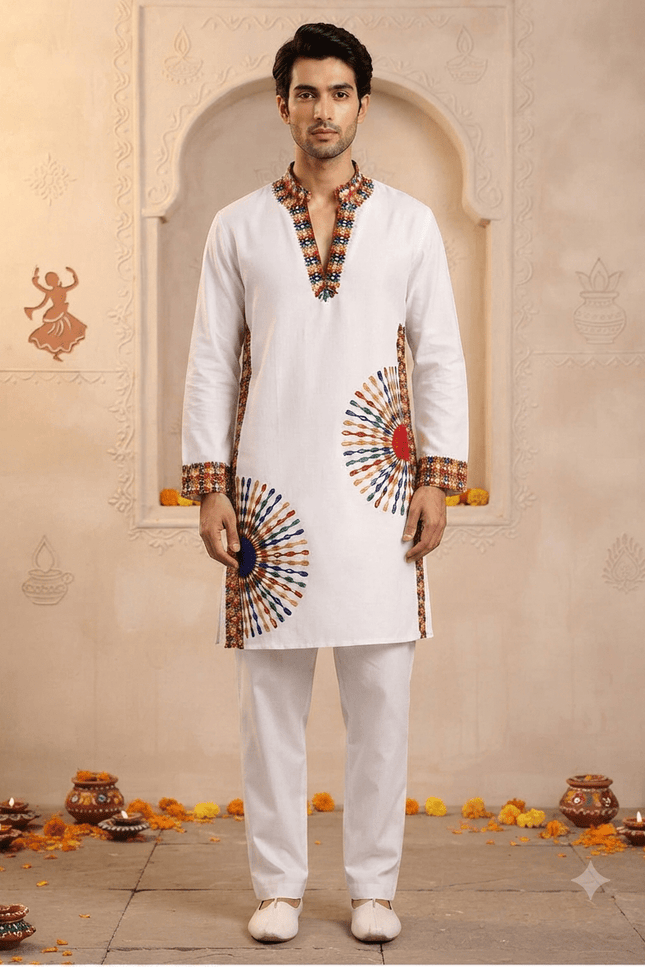 Men’s Roman Silk Embroidered Mirror-Work Kurta - Rosepetals Luxe