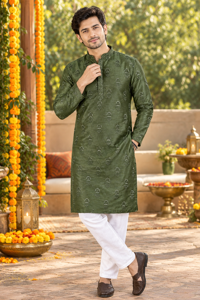Men’s Sequin Banglory Silk Kurta Pyjama Set - Rosepetals Luxe