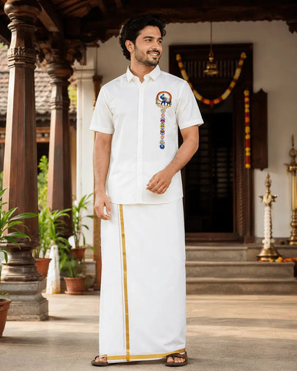 Men’s Soft Cotton Printed Shirt with Traditional Peacock Design and Matching Mundu Set | Onam, Festives, Weddings - Rosepetals Luxe