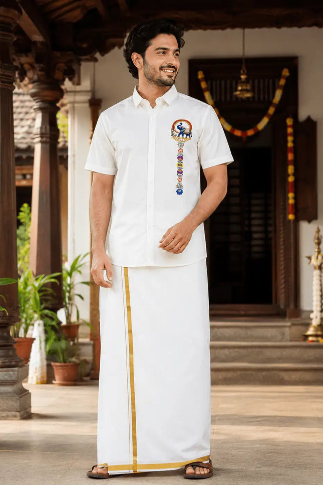 Men’s Soft Cotton Printed Shirt with Traditional Peacock Design and Matching Mundu Set | Onam, Festives, Weddings - Rosepetals Luxe