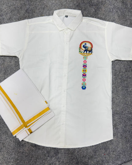 Men’s Soft Cotton Printed Shirt with Traditional Peacock Design and Matching Mundu Set | Onam, Festives, Weddings - Rosepetals Luxe