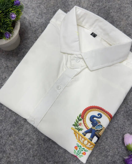 Men’s Soft Cotton Printed Shirt with Traditional Peacock Design and Matching Mundu Set | Onam, Festives, Weddings - Rosepetals Luxe