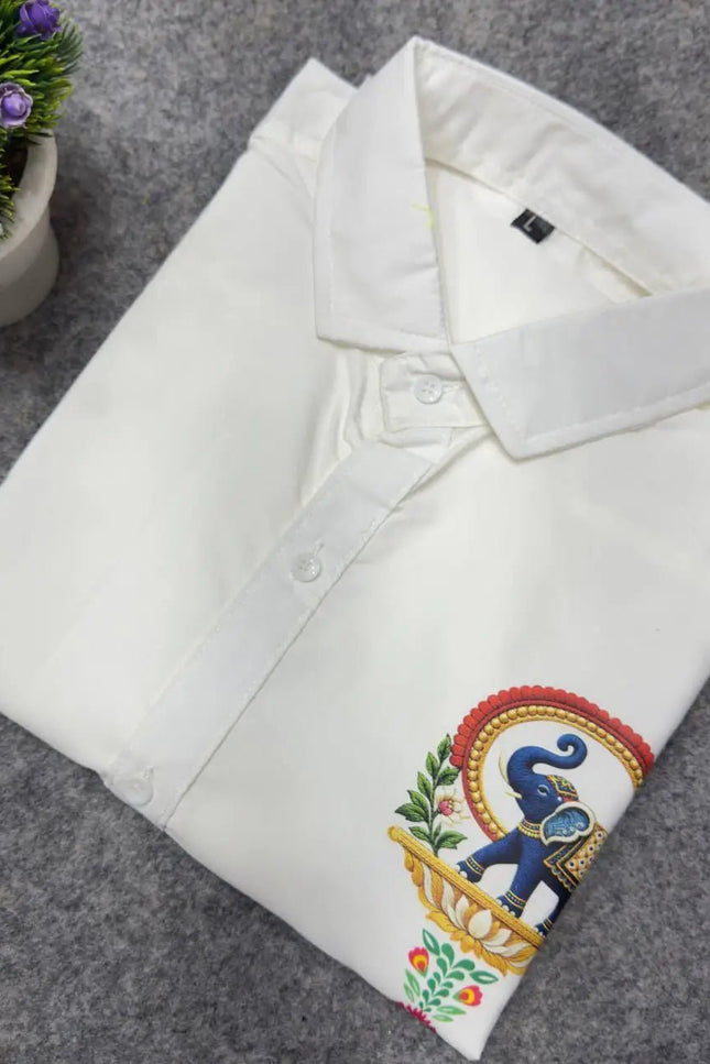Men’s Soft Cotton Printed Shirt with Traditional Peacock Design and Matching Mundu Set | Onam, Festives, Weddings - Rosepetals Luxe