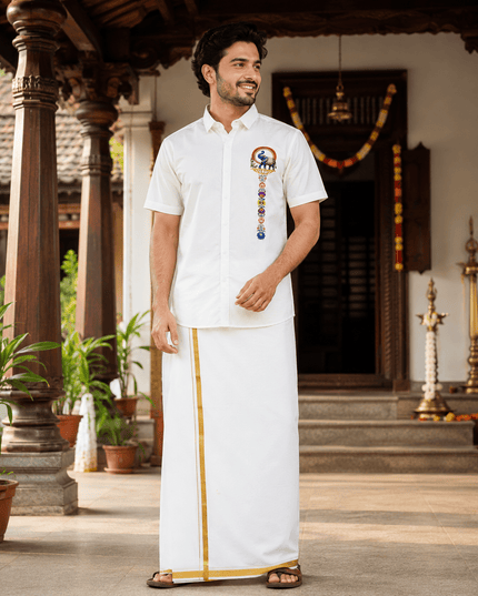 Men’s Soft Cotton Printed Shirt with Traditional Peacock Design and Matching Mundu Set | Onam, Festives, Weddings - Rosepetals Luxe