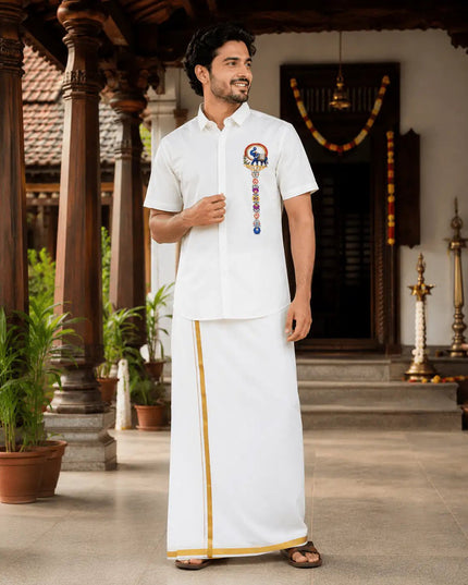 Men’s Soft Cotton Printed Shirt with Traditional Peacock Design and Matching Mundu Set | Onam, Festives, Weddings - Rosepetals Luxe