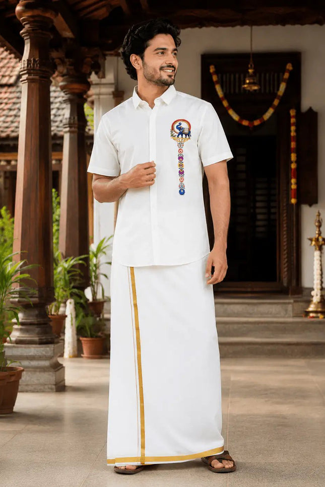 Men’s Soft Cotton Printed Shirt with Traditional Peacock Design and Matching Mundu Set | Onam, Festives, Weddings - Rosepetals Luxe