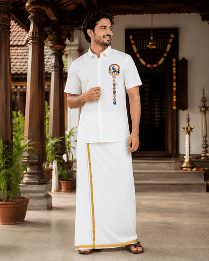 Men’s Soft Cotton Printed Shirt with Traditional Peacock Design and Matching Mundu Set | Onam, Festives, Weddings - Rosepetals Luxe