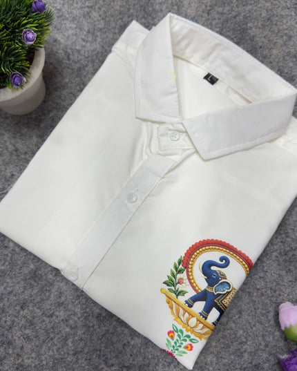 Men’s Soft Cotton Printed Shirt with Traditional Peacock Design and Matching Mundu Set | Onam, Festives, Weddings - Rosepetals Luxe