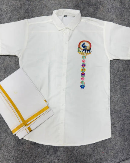 Men’s Soft Cotton Printed Shirt with Traditional Peacock Design and Matching Mundu Set | Onam, Festives, Weddings - Rosepetals Luxe