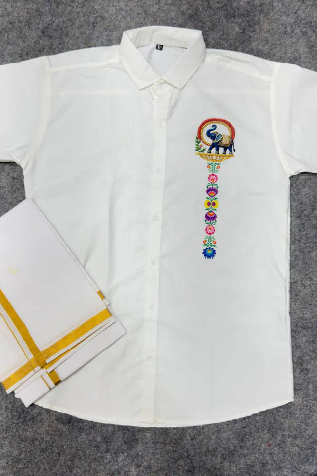 Men’s Soft Cotton Printed Shirt with Traditional Peacock Design and Matching Mundu Set | Onam, Festives, Weddings - Rosepetals Luxe