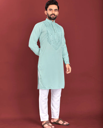 Men's Soft Silk Kurta Pajama Set | Real Mirror Handwork | Festive & Wedding Wear - Rosepetals Luxe
