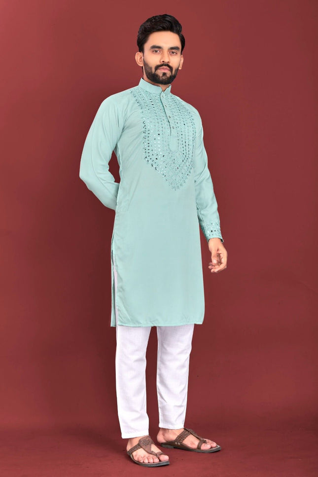 Men's Soft Silk Kurta Pajama Set | Real Mirror Handwork | Festive & Wedding Wear - Rosepetals Luxe