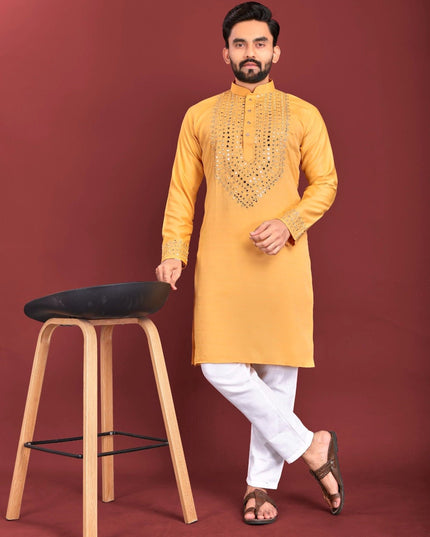 Men's Soft Silk Kurta Pajama Set | Real Mirror Handwork | Festive & Wedding Wear - Rosepetals Luxe