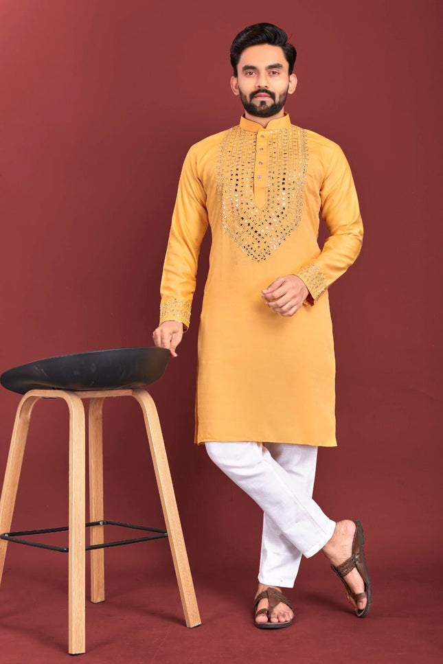 Men's Soft Silk Kurta Pajama Set | Real Mirror Handwork | Festive & Wedding Wear - Rosepetals Luxe