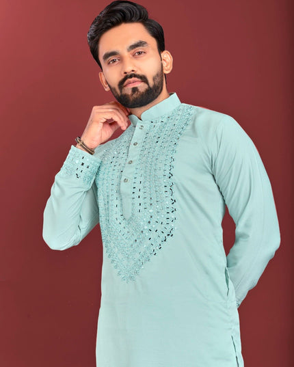 Men's Soft Silk Kurta Pajama Set | Real Mirror Handwork | Festive & Wedding Wear - Rosepetals Luxe