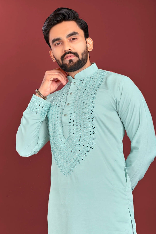 Men's Soft Silk Kurta Pajama Set | Real Mirror Handwork | Festive & Wedding Wear - Rosepetals Luxe