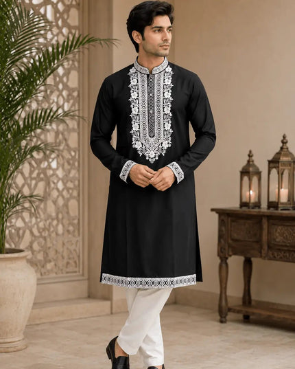 Men's Soft Silk Kurta Pyjama Set | Premium Neck Work | Festive Ethnic Wear - Rosepetals Luxe