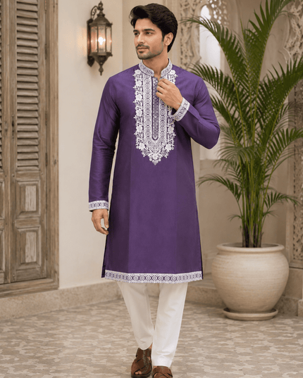 Men's Soft Silk Kurta Pyjama Set | Premium Neck Work | Festive Ethnic Wear - Rosepetals Luxe
