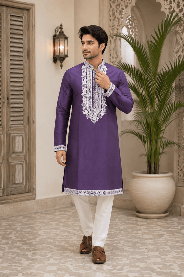Men's Soft Silk Kurta Pyjama Set | Premium Neck Work | Festive Ethnic Wear - Rosepetals Luxe