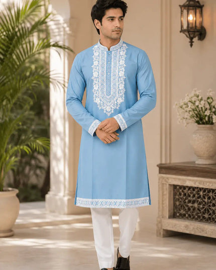Men's Soft Silk Kurta Pyjama Set | Premium Neck Work | Festive Ethnic Wear - Rosepetals Luxe